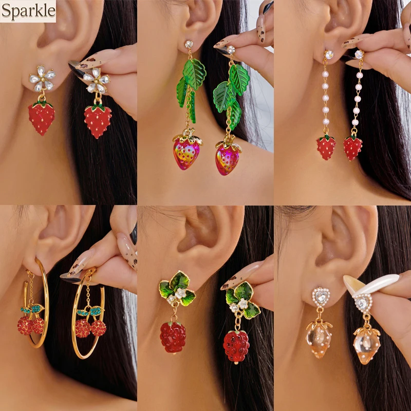 3D Enamel Faux Pearl Fruit Earrings Collection Cute Strawberry Cherry Raspberry Drop Earrings Sweet Fruit Ear Jewelry for Women