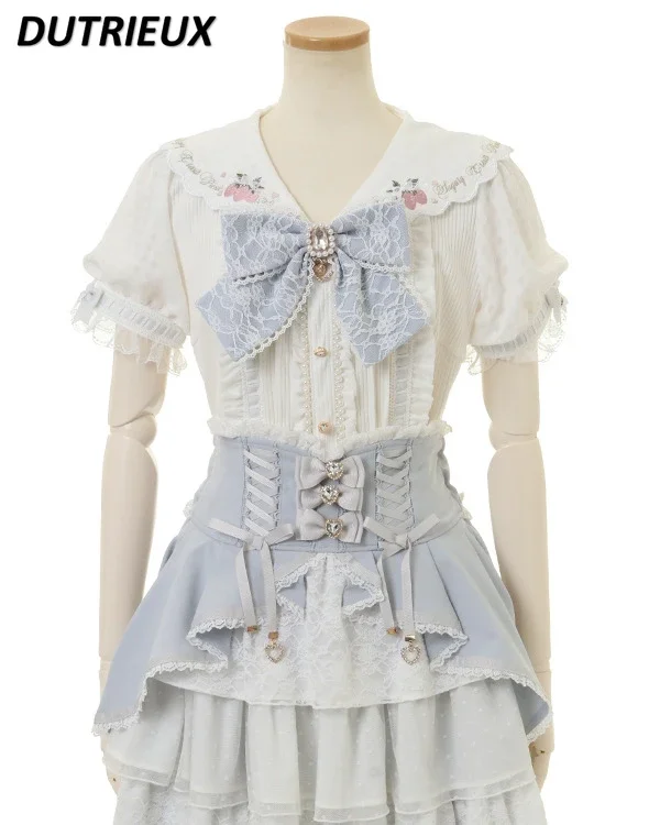 Lolita Shirts Japanese Style Women's Tops Summer New Embroidered Sailor Collar Shirts Sweet Cute Bowknot Short Sleeve Blouse