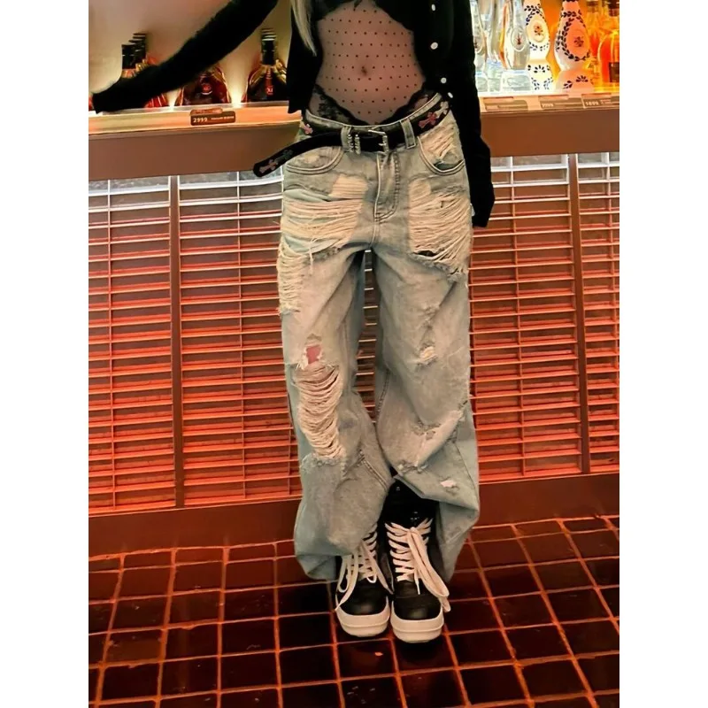 Multiple Holes Vintage Wide-leg Distressed Jeans Women Summer Casual Denim Trousers Female High Waist Straight Loose Blue Pants