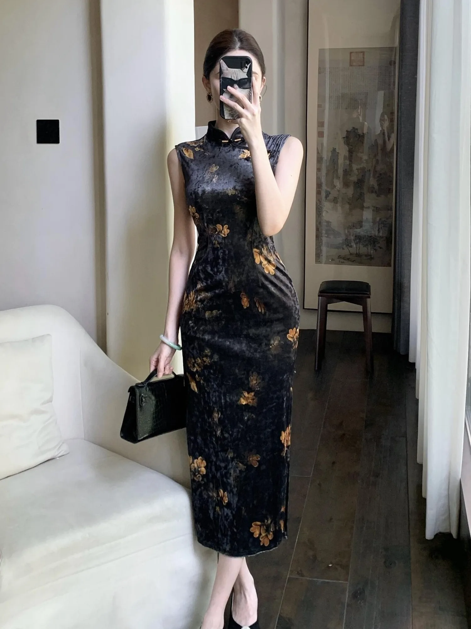 

New Chinese Sle Velvet Print Modified Sexy Slimming Svel High Slit Dr for Women Daily Wear Mid-Length Skirt