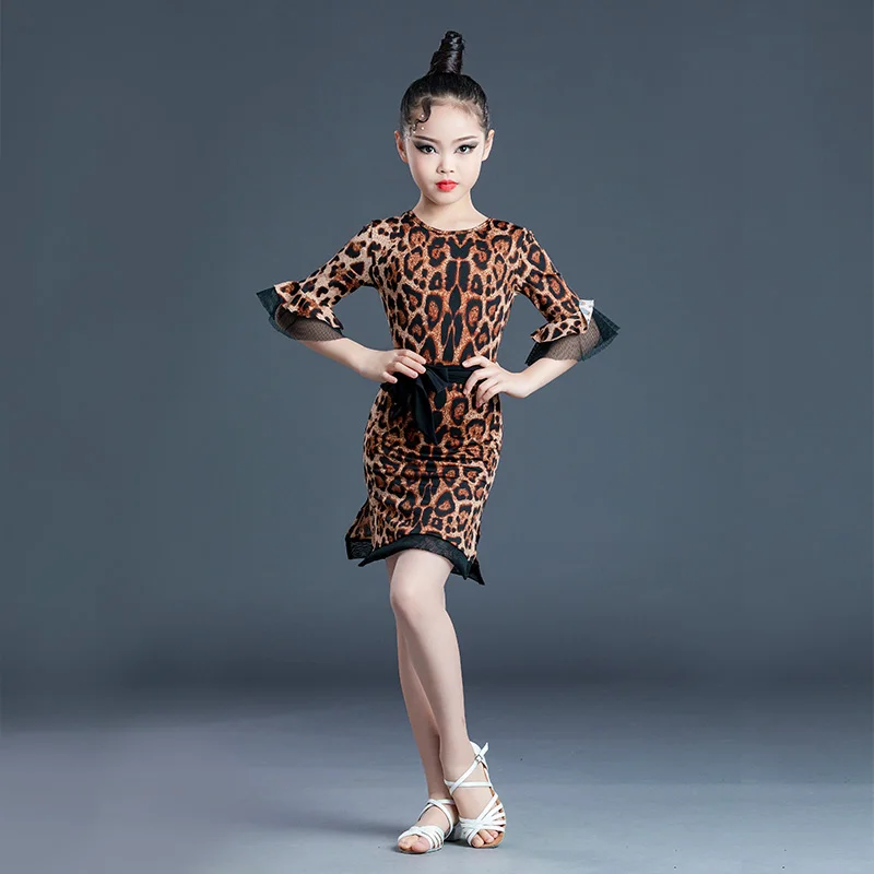 ชุดเต้นลาตินสำหรับเด็กผู้หญิง แขนยาว ลายเสือดาว ชุดเต้นชาช่า รุมบ้า แทงโก้ แซมบ้า ชุดแสดงบนเวทีสำหรับเด็ก