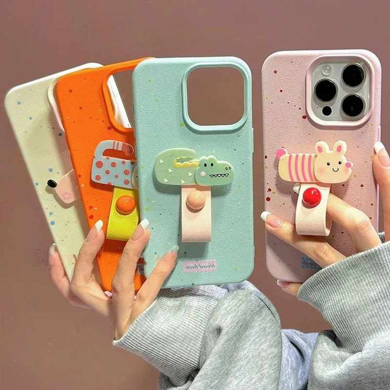 

Корейский милый чехол для телефона с 3D собакой, кошкой и кольцом на палец для iPhone 16, 15, 14, 13, 11, 12 Pro Max Plus X XS, чехол-подставка