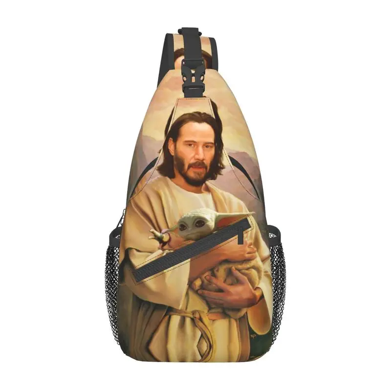 

Jesus Saint Keanu Reeves And Baby Sling Chest Bag Custom Crossbody Shoulder Backpack for Men Travel Hiking Daypack