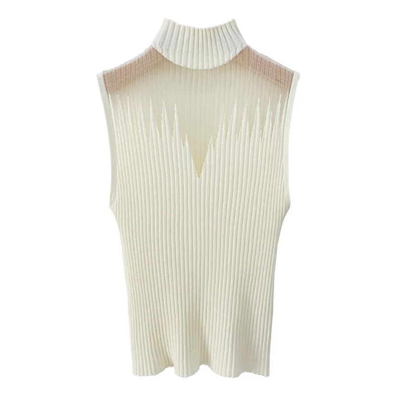 Damski sweter bez rękawów z dzianiny na wiosnę i jesień, z dekoltem typu halter, na cienkich ramiączkach, jako bluzka lub warstwa spodnia, z półgolfem.