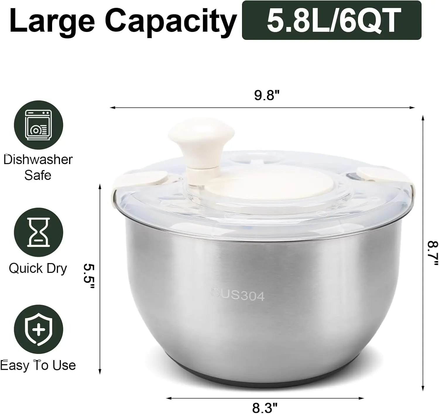 Stainless Steel Salad Spinner, Lettuce Spinner With Drain, Fruit Washer 6 QT With PP Cover Non-Slip Base, 3-in-1 Vegetable Wash