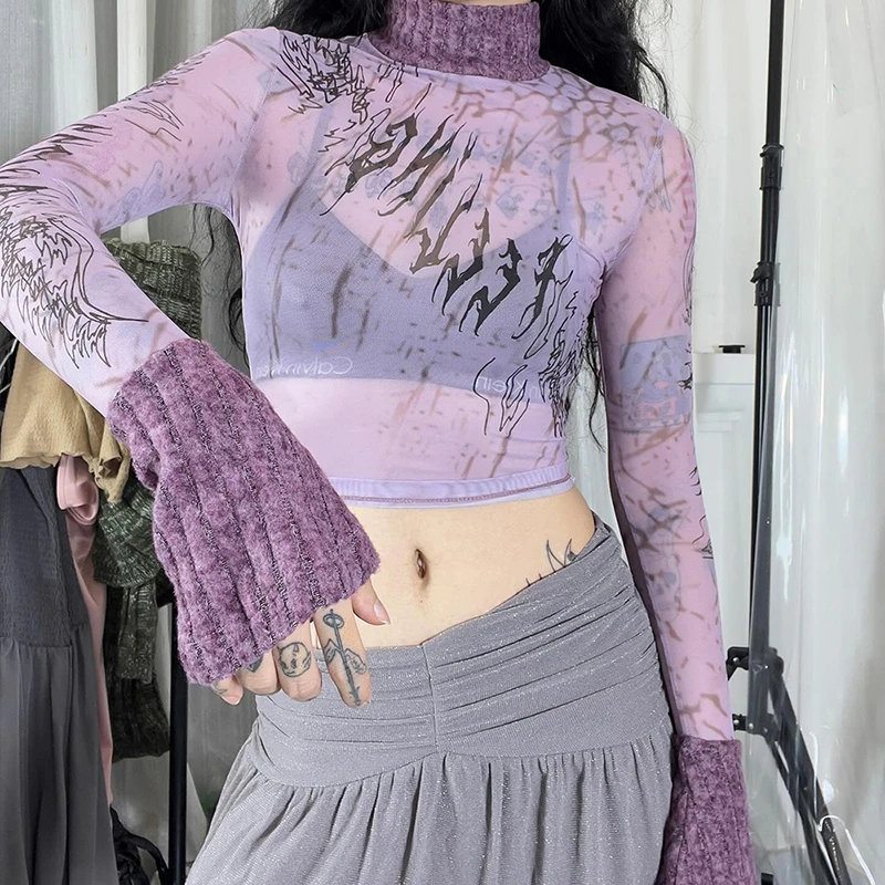 Y2K Sexy Lace Mesh See Through Long Sleeve Corset Crop Tops for Women Vintage Purple Print Knitted High Collar T-Shirt Summer