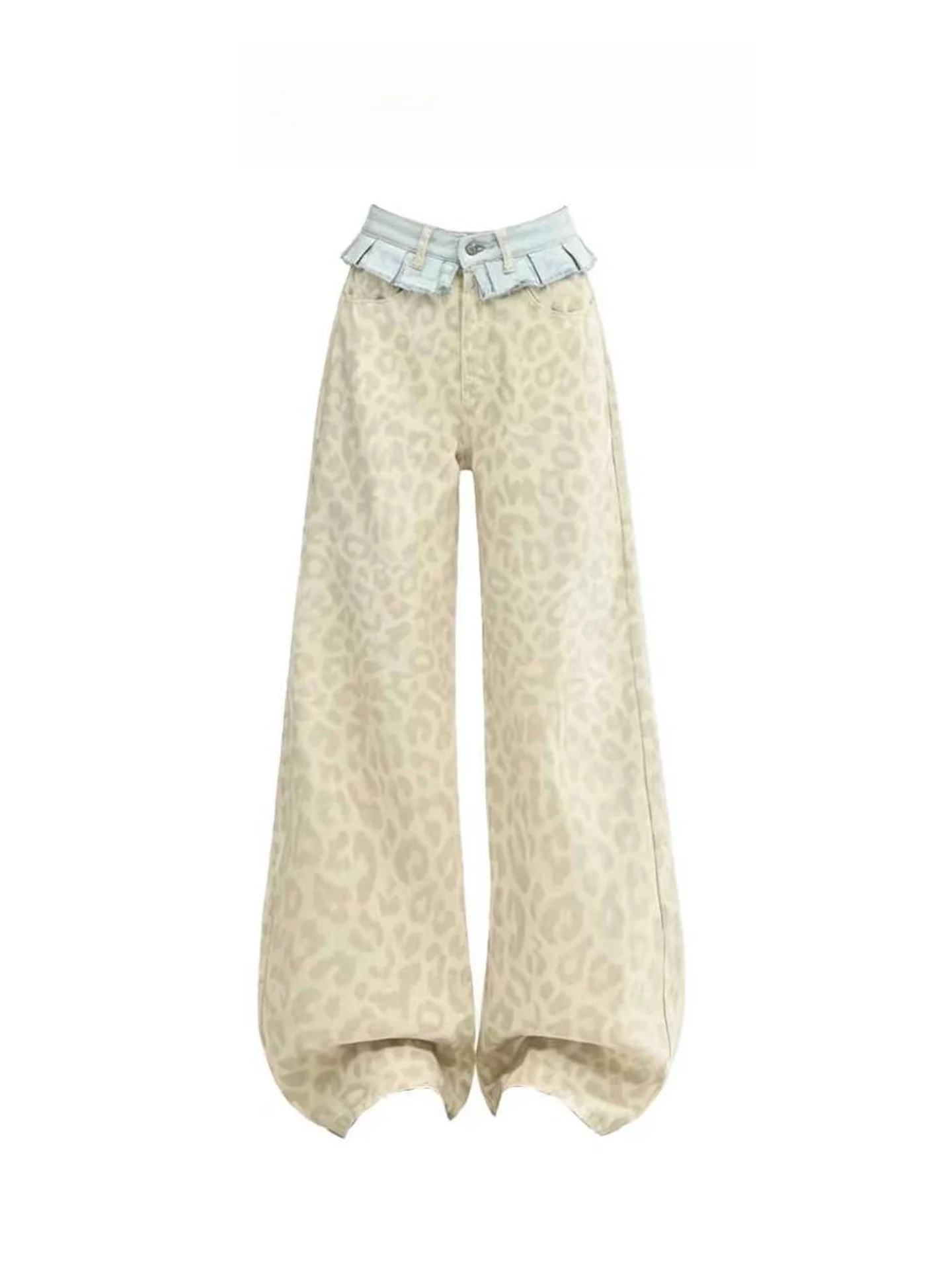 

Retro American Street Style Leopard Print Wide Leg Jeans Women's Loose Skirt Hem Patchwork Casual Trousers Summer Trend