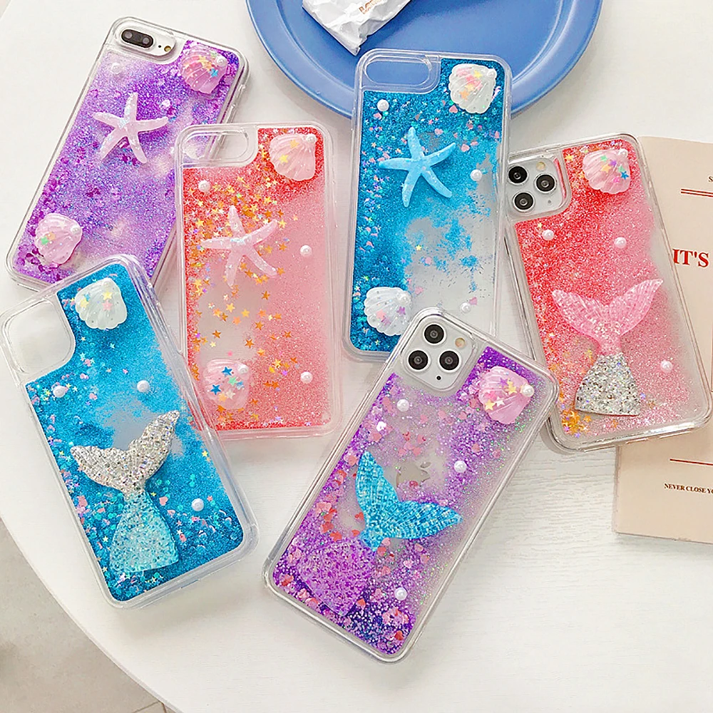 Soft Cover Case Starfish Mermaid Glitter Quicksand Clear for Samsung Galaxy A73 A72 A71 A54 A53 A52 A33 A32 A13 5G Note 20 10Pro