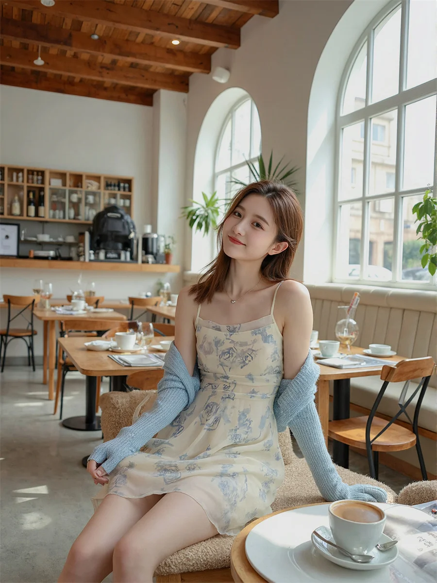 فساتين شيفون صغيرة مُزينة بالزهور باللون الأزرق السماوي للنساء مزينة بطبقات كشكشة للكلية حديثة وبسيطة فنية أنيقة مرقعة أنثوية