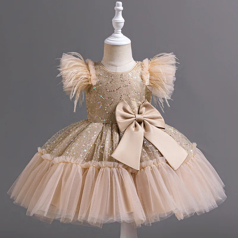 Robe de soirée princesse à paillettes pour enfants, design à volants en plumes à la mode, mariage, anniversaire, baptême, Pâques, fête de l'Aïd, robe de fille