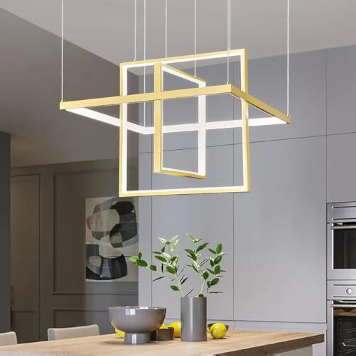 

Modern LED Chandelier 3 Rings Square Gold Pendant Light Dimmable for Living Room Dining Room Bedroom Kitchen Island