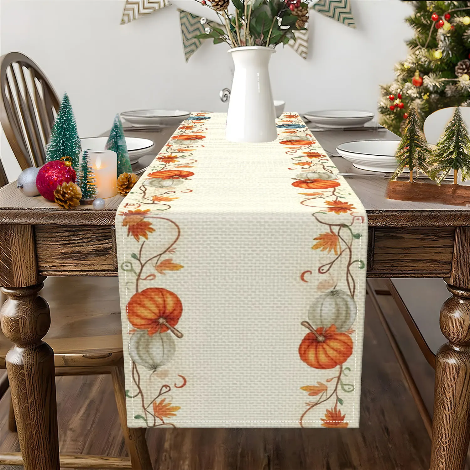 1 Piece of Autumn-Themed Table Runner Featuring Colorful Pumpkins, Autumn Leaves, and Vines, Suitable for Fall and Thanksgiving Decorations