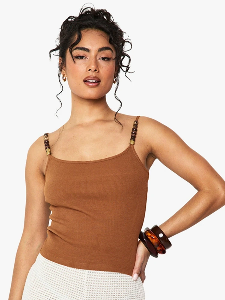 

Solid Color Cute Top Beading Crop Top Women Edgy Clothes Y2k Accessories Square Collar Camison Verano Sleeveless Ropa De Mujer