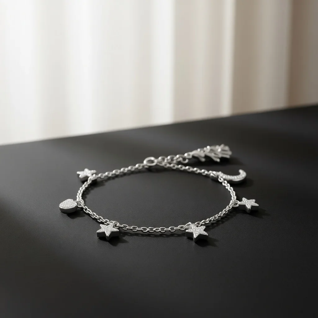 Delicate Silver Copper Bracelet, Star Moon Heart Charms, Dainty Link Chain, Adjustable Clasp, Jewelry for Daily Casual Outings