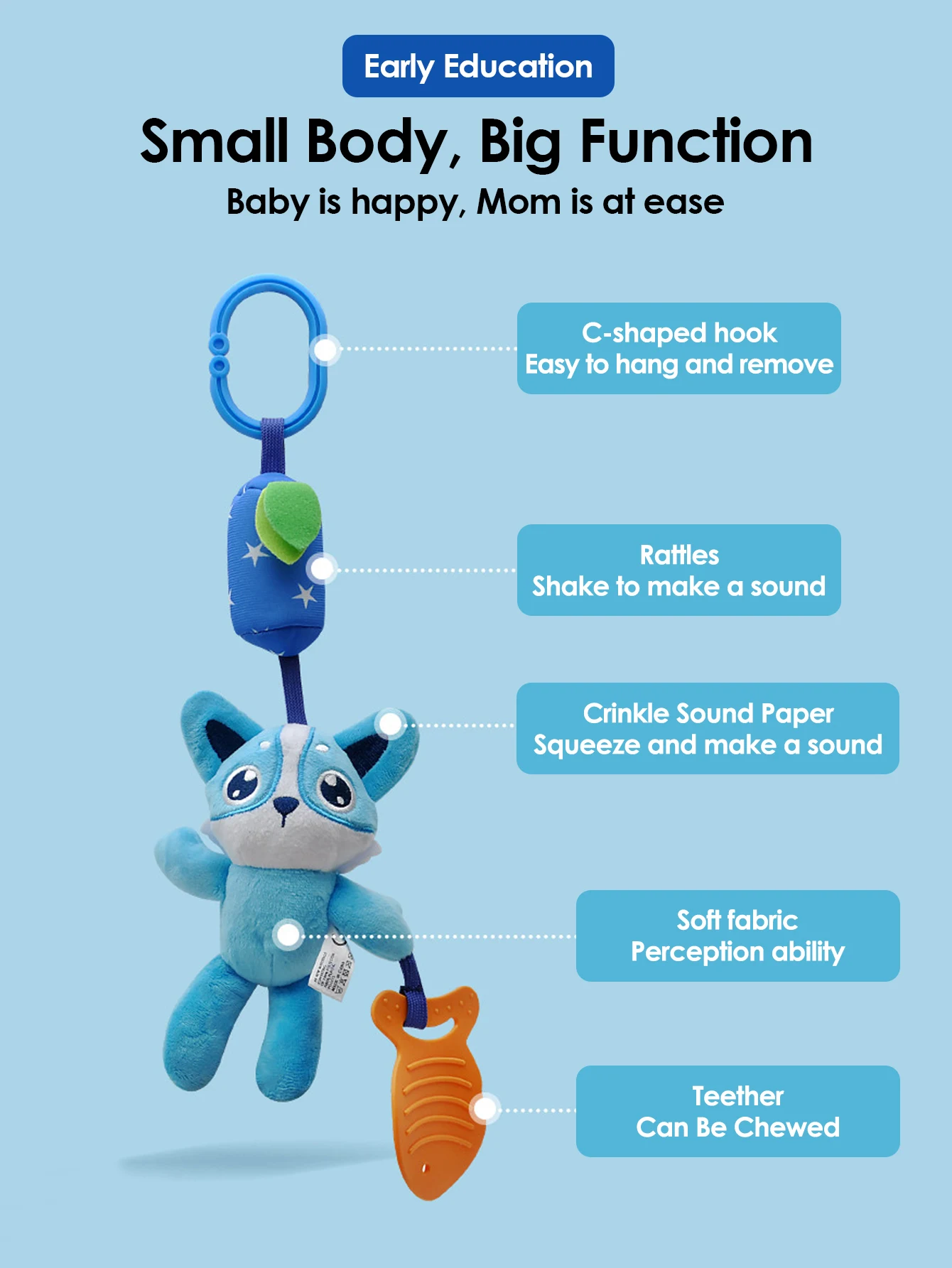 1 passeggino in peluche in rattan neonato giocattolo con ciondolo animale del fumetto, giocattolo sensoriale per bambini precoci, ciondolo confortevole per seggiolino di sicurezza per bambini