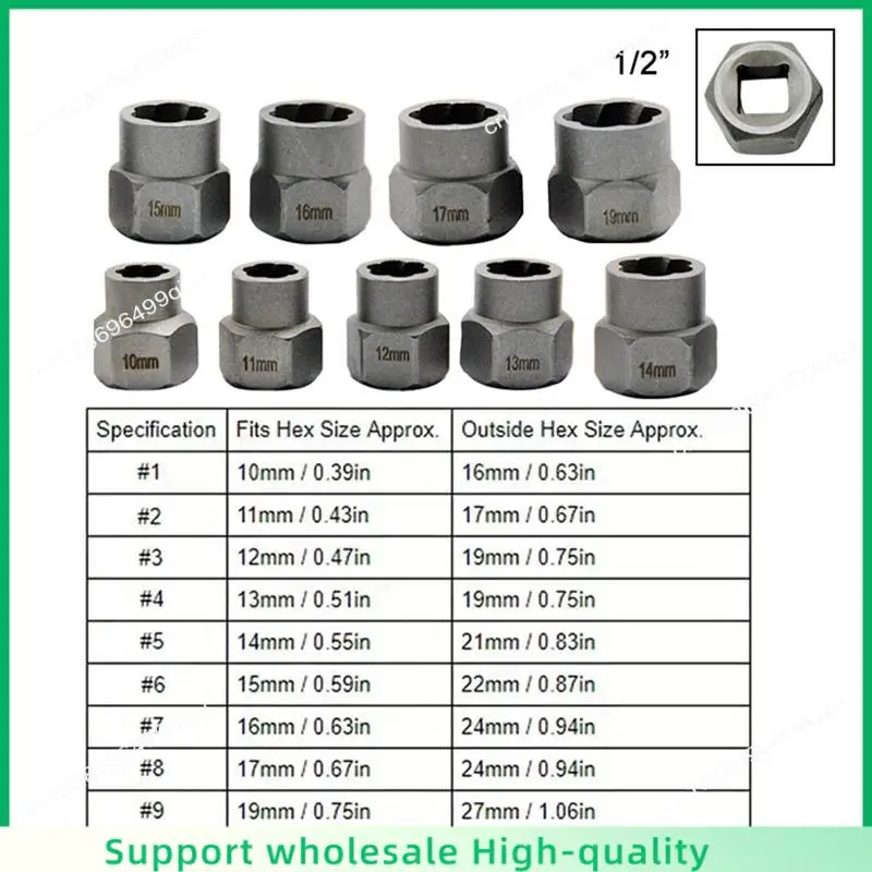 ABSF 10Pc Nut Extractor 1/2 Square Hole Air Cannon Electric Wrench Use Sliding Nut To Remove Red Box Tool Set