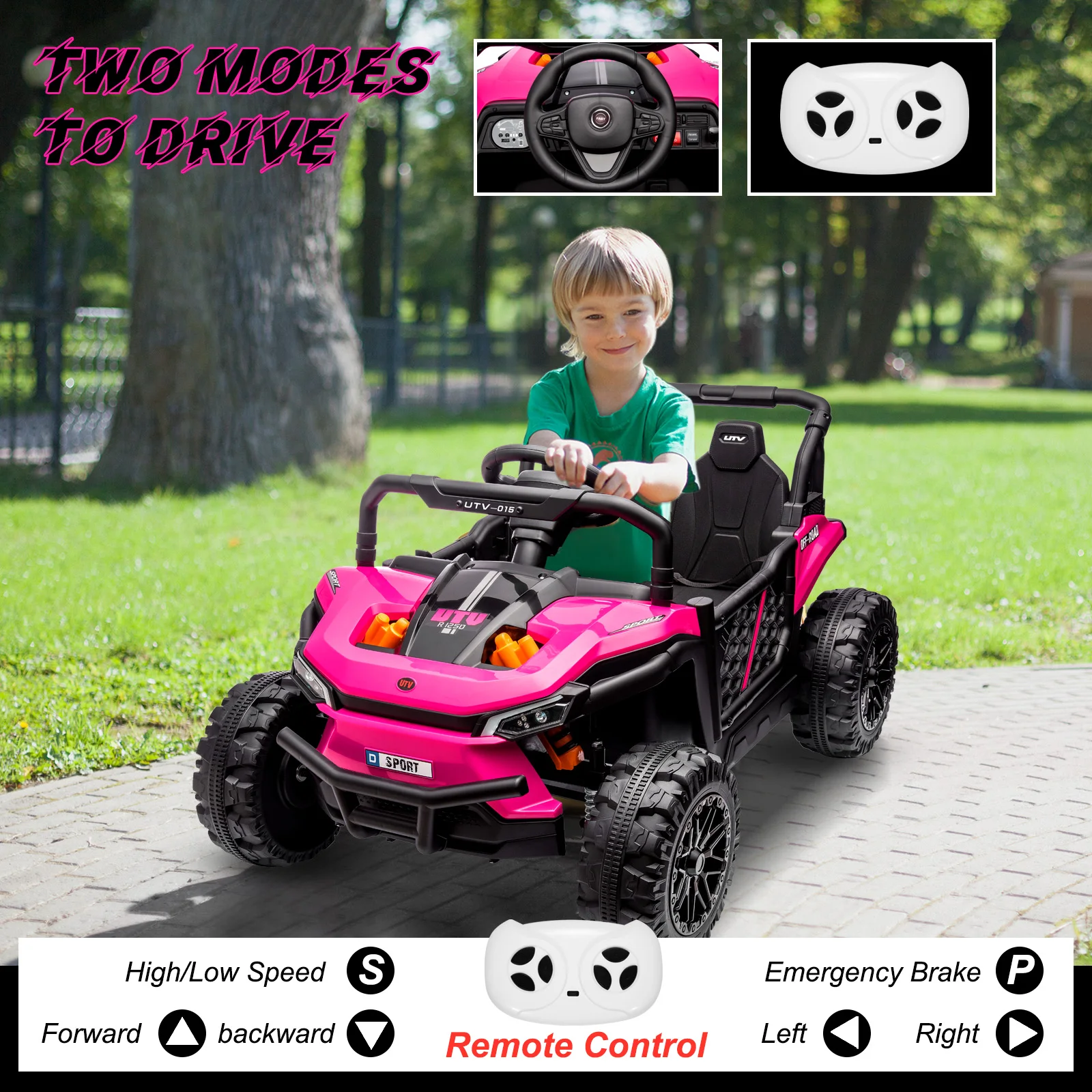 12V Electric UTV Car with Remote Control, Ride on Truck with Toy Storage Spring Suspension, LED Headlights, Ride Cars w/4 Wheels