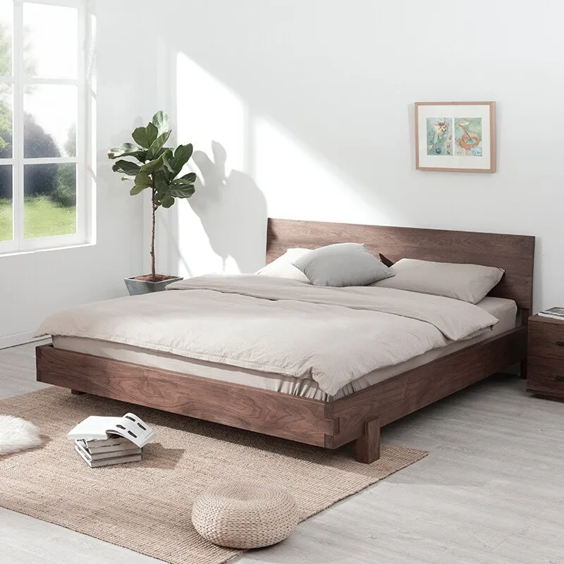 Tempat tidur ganda kayu solid Nordik, kayu walnut hitam modern sederhana, kayu oak mewah ringan, tempat tidur ganda kayu ceri untuk pernikahan