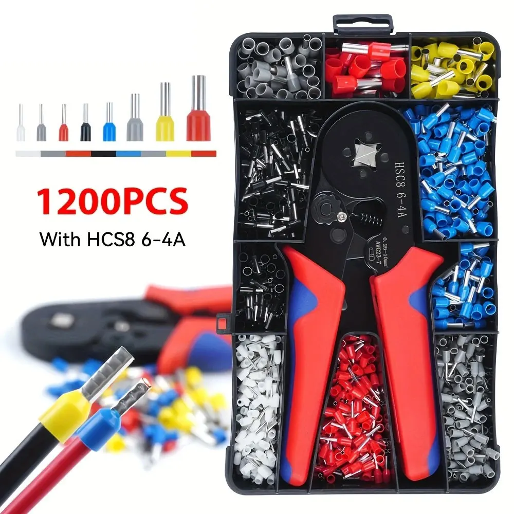 HSC8 6-4A Kit d'outils de sertissage de virole pince à sertir de virole de fil AWG 23-7 avec 1200 pièces connecteurs de virole extrémités de fil bornes pince à sertir