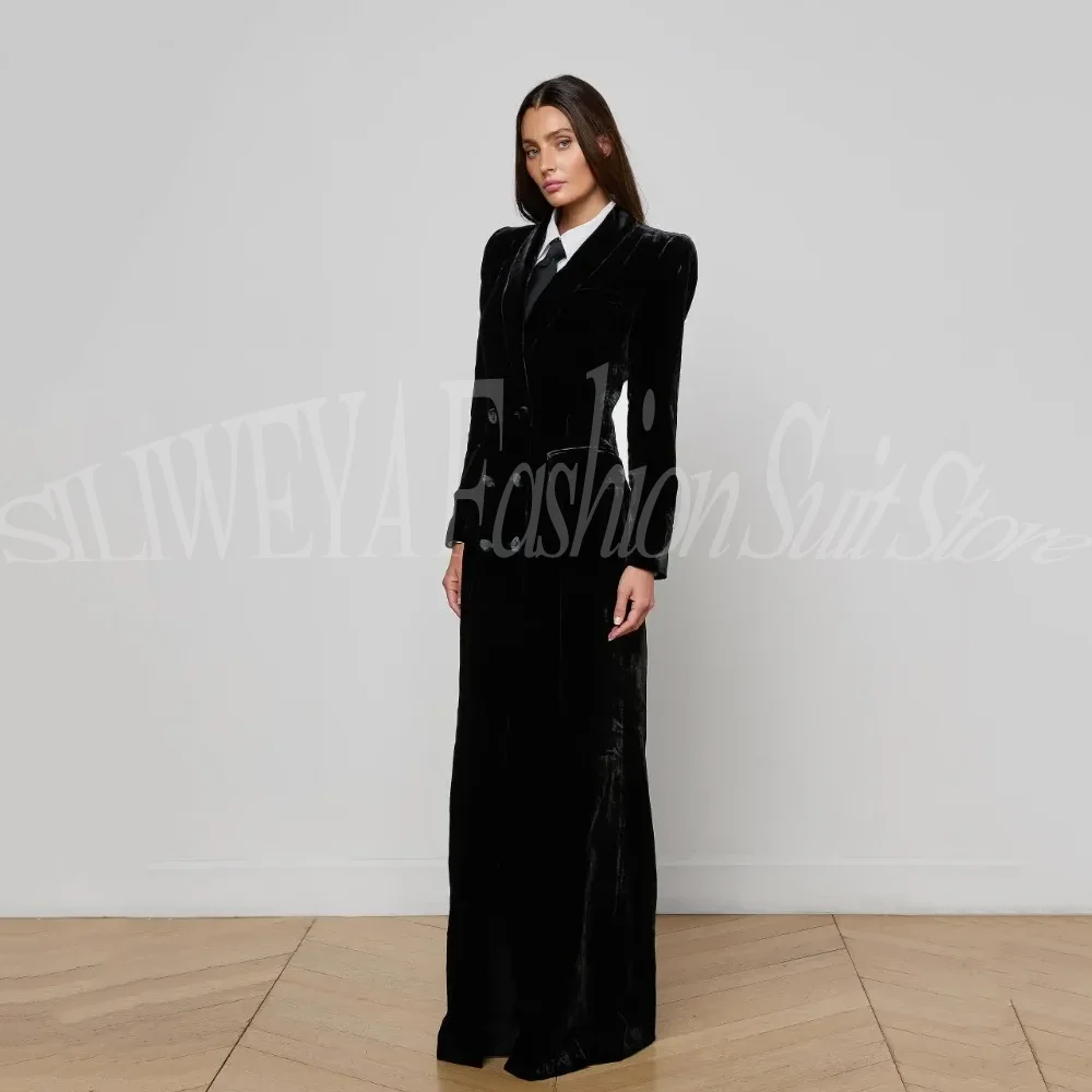 Luxury Slim Fitting Floor Length Black Velvet Suit Coat for Women Double Breasted Female Coat Solid Customized Winter Jacket