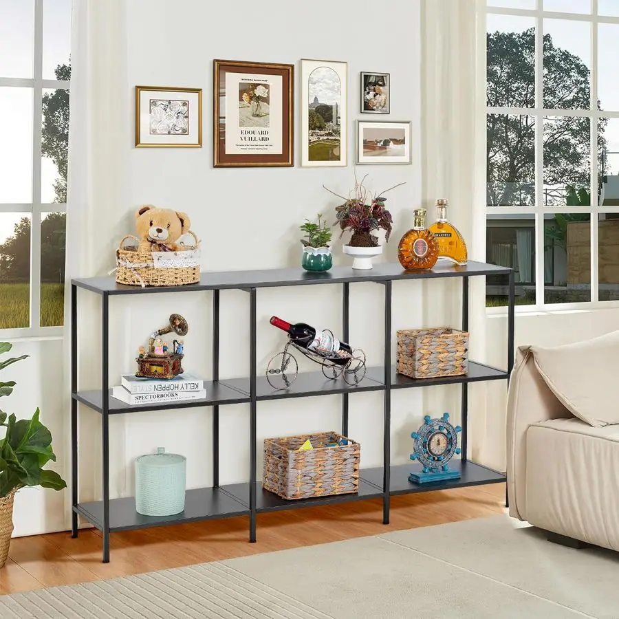 طاولة وحدة تحكم معدنية من 3 طبقات مقاس 55 بوصة مع 6 وحدات تخزين، وطاولة أريكة خلف الأريكة، ورف طويل ضيق مع مساحة تخزين للمدخل، Narr #6