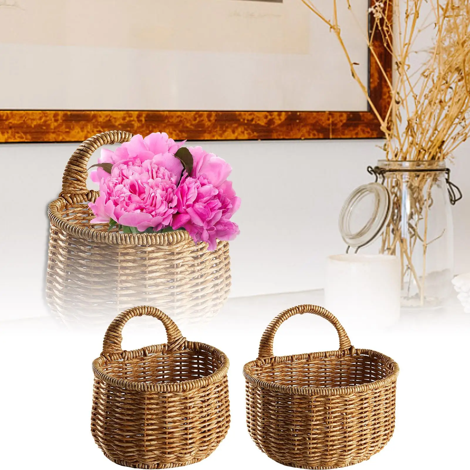 

Hand Woven Wall Baskets Multifunctional Storage Container with Handle Wall Hanging Wicker Flower Basket for Outdoor Garden Room