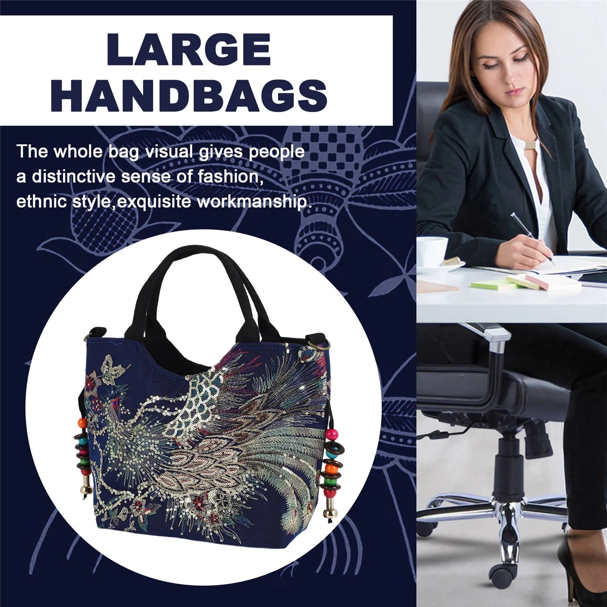 ABQR блестящая вышитая блестками женская парусиновая большая сумка для покупок сумка через плечо ретро сумка-тоут с бисером синяя