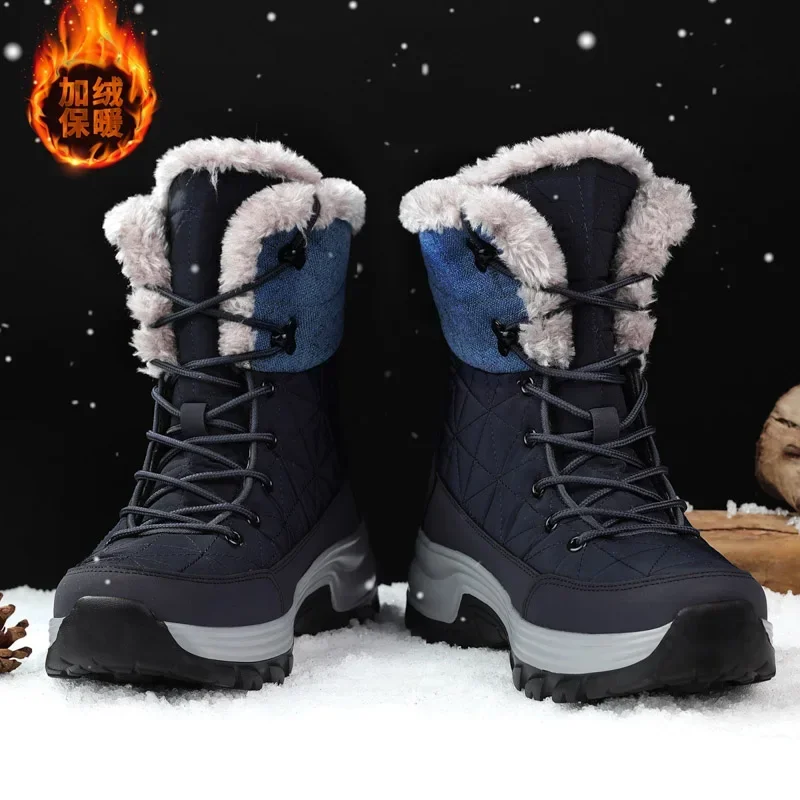 Winter Warm Plush Fur Snow Boots Waterproof Leather Men\'s Boots Outdoor Non-slip Work Boots Combat Desert Boots Motorcycle Boots