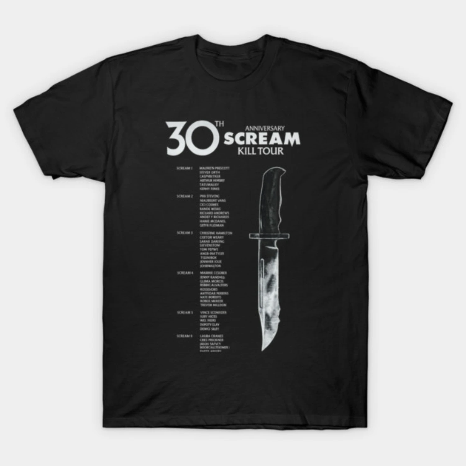 

Men Motorcycle White Blade & Victim Name List Graphic Cotton T-shirt Retro Scream Horror Franchise Short Sleeve Street Clothes