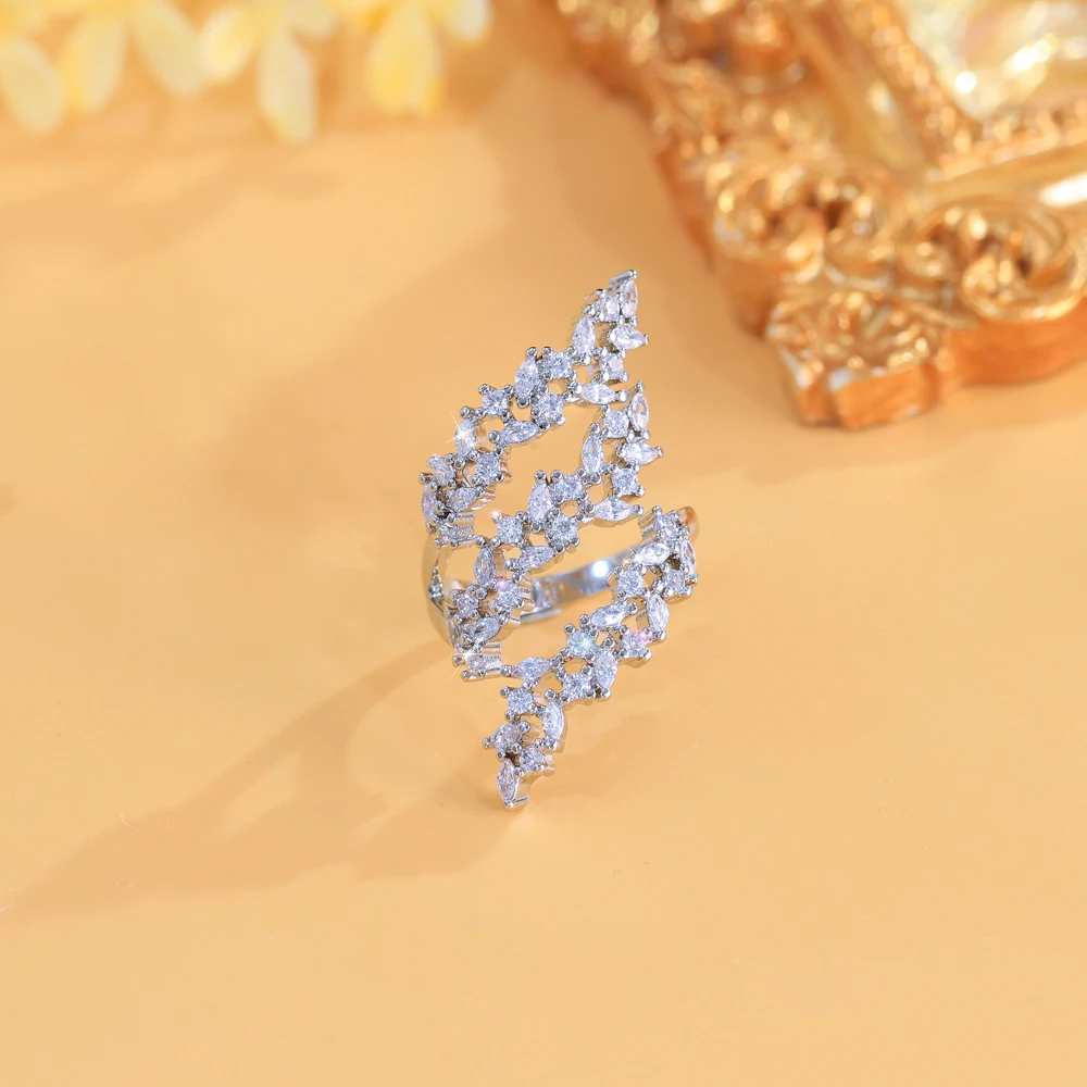 CWWZircons Adjustable Multiple Cubic Zirconia Leaf Shape Big Long Wrap Finger Ring for Women Luxury Wedding Jewelry Gifts J0195