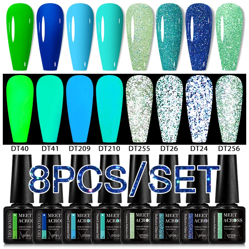 MEET ACROSS 8Pcs/Set Eggshell Fluorescent Glow In Dark Gel Nail Polish Glitter Luminous Semi Permanent Nail Art Gel Varnish Kit