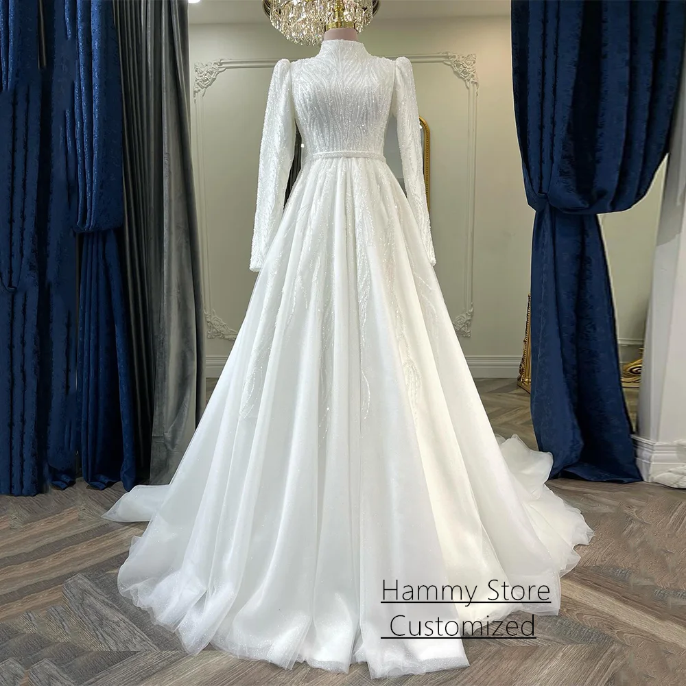 

Modest Muslim Wedding Dress Customized High Neck Full Sleeves Beading Sequin A Line Sweep Train Corset Bridal Gown