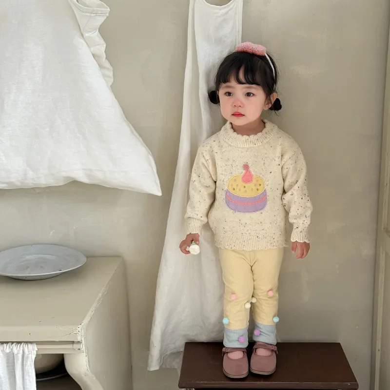 Suéter para niñas, ropa de invierno para niños, suéter de encaje de pastel grueso bonito de estilo coreano para niñas, informal, sencillo y dulce, 2024