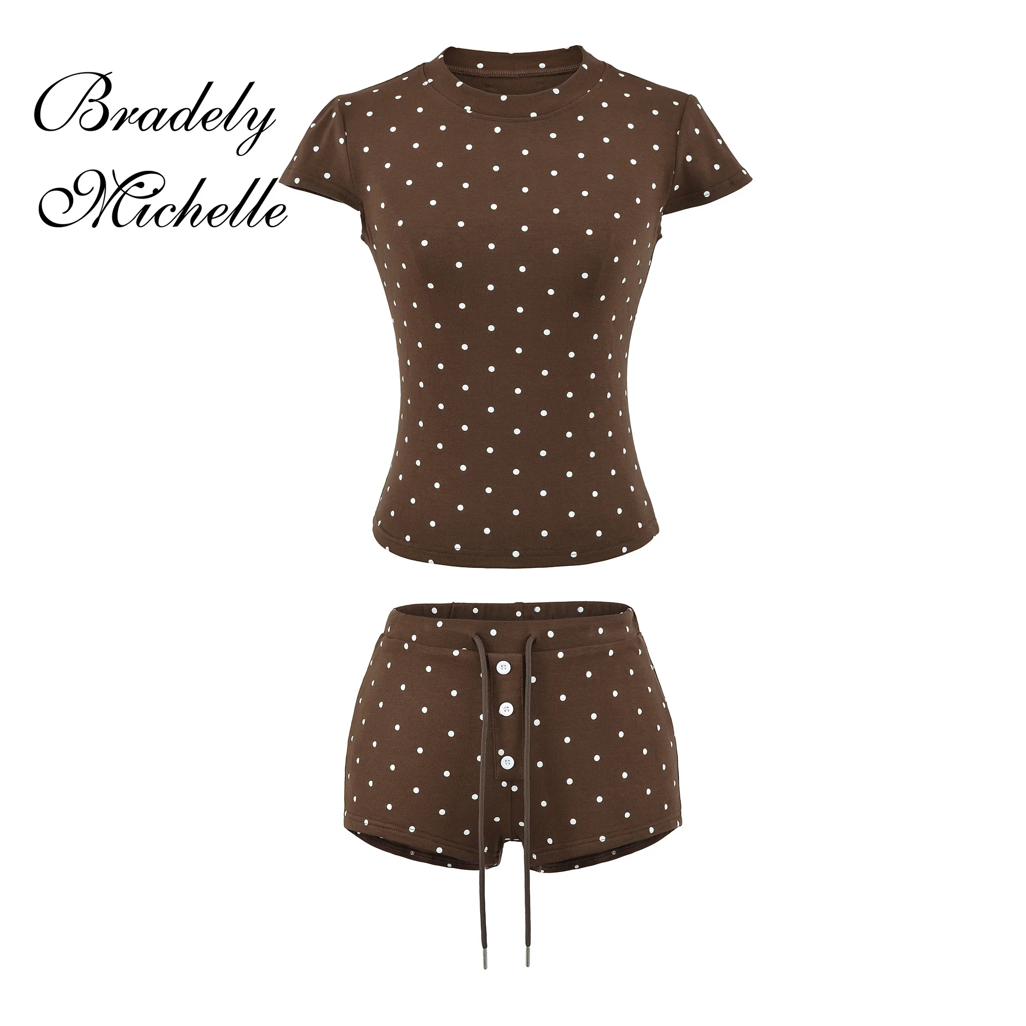 

Y2K Women Polka Dot 2 Piece Outfit Short Sleeve Crew Neck Crop Top Drawstring High Waist Shorts Two Piece Suit