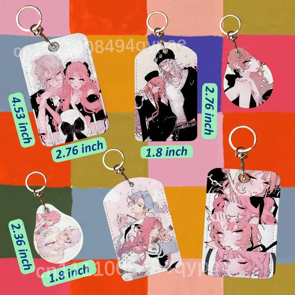 F-Fall In Love You False Angels Leather Access Card Case Anti-lost Card Holder Keychain Fingerprint-proof Key Tag Ring