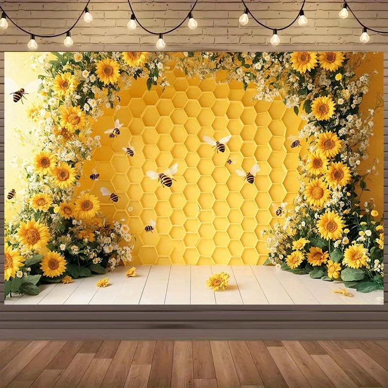 2D, 1 Stück Fotohintergrundtuch mit Sonnenblume und Bienenstock – der Bienenstock wird mit blühenden Sonnenblumen kombiniert – Detail 1