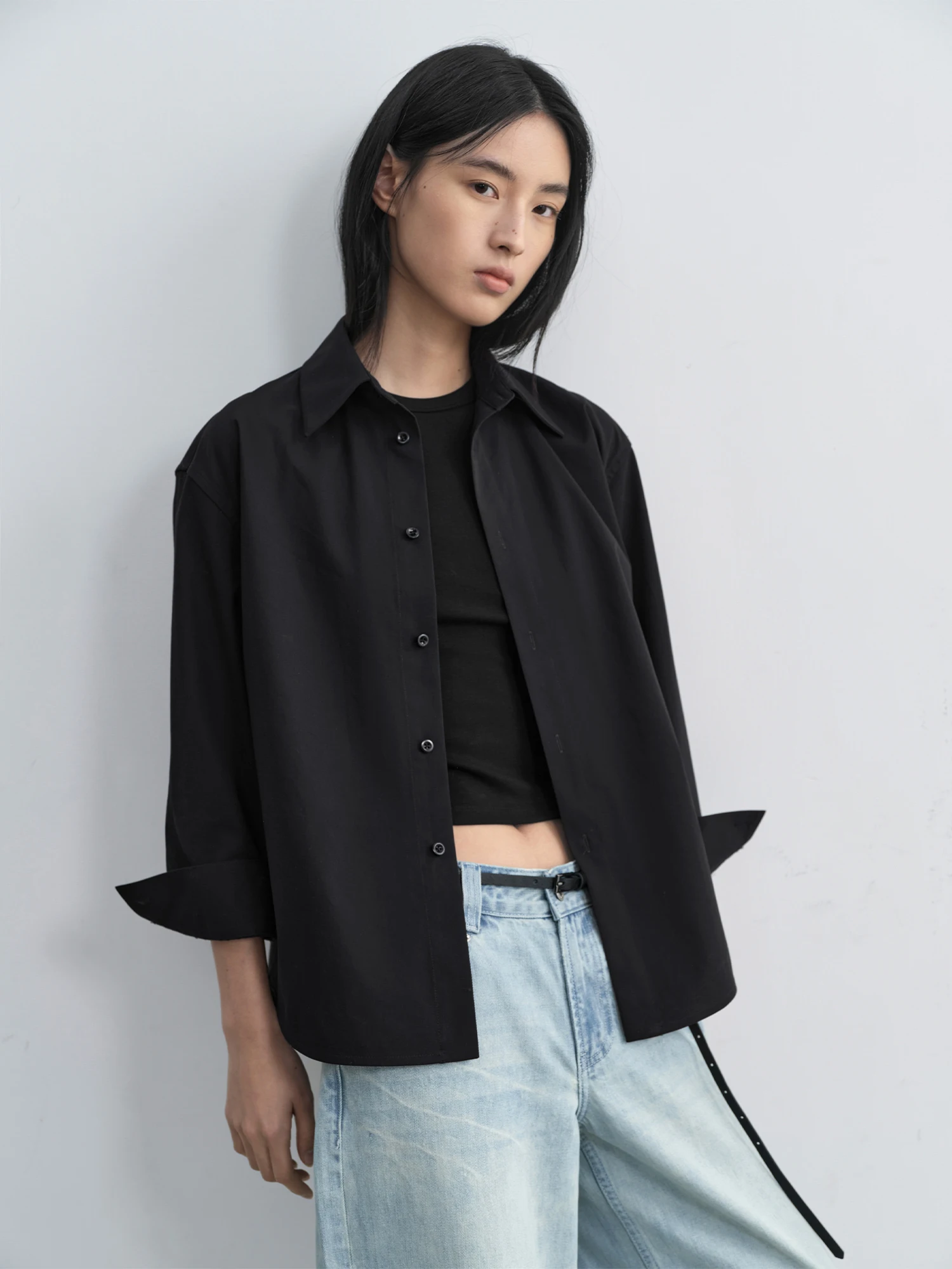 

HaveRice Casual Sle 00% Cotton Slim Fit High nce Bla White Pure Color irt Eight Sve Women's Top