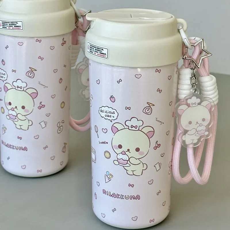 550ml Kawaii Rilakkuma Cartoon Print Thermos Cup Ice Cubes Sippy Water Cup Large Capacity Portable Lanyard Girls Birthday Gift