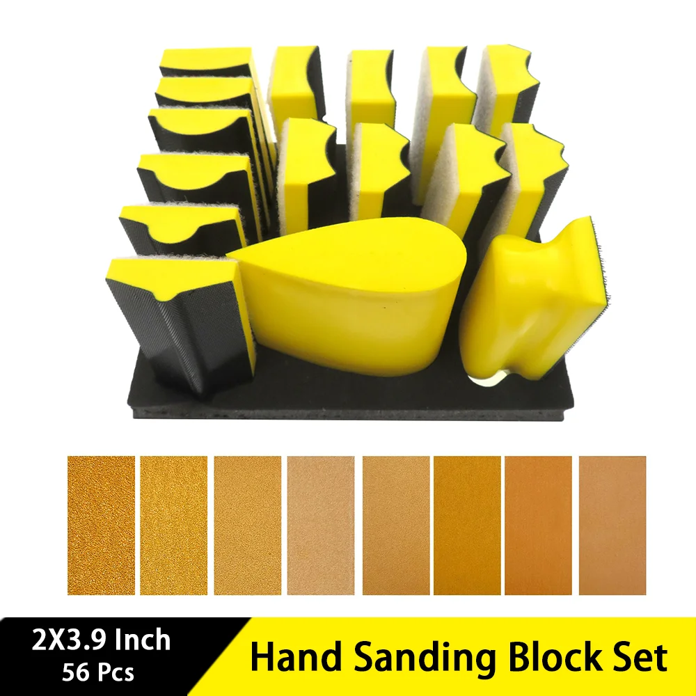 

56 Pcs Hand Sanding Block Set with Hook and Loop Yellow Sandpaper for Polishing Moldings Woodworking Auto Paint and Crafts