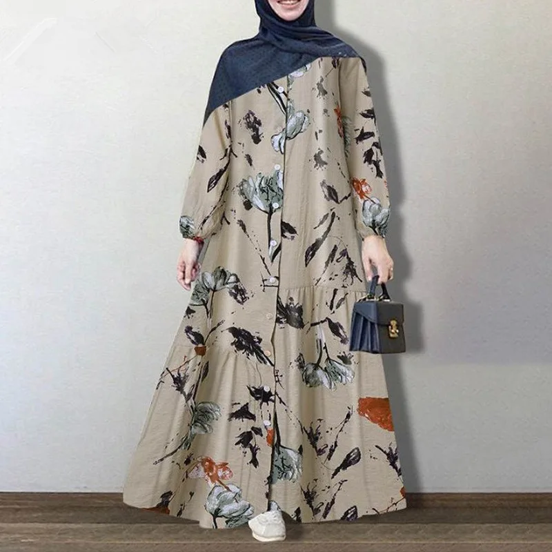 Muslim cotton and linen printed round neck button bubble long sleeved rubber band cuffs fashion loose casual dress