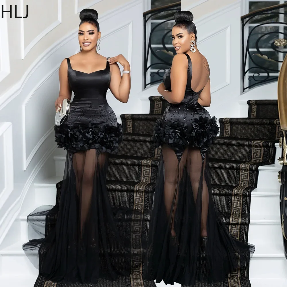 HLJ Black Fashion Mesh See Though Stitching Ruched Evening Party Long Dress Women Spaghetti Strap Rhinestone Slim Vestidos Robe