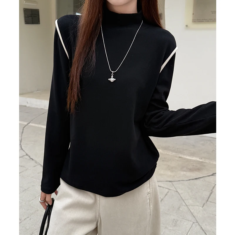

Женская футболка с длинным рукавом, двухсторонняя бархатная матовая рубашка с воротником-стойкой контрастного цвета, внутренняя часть