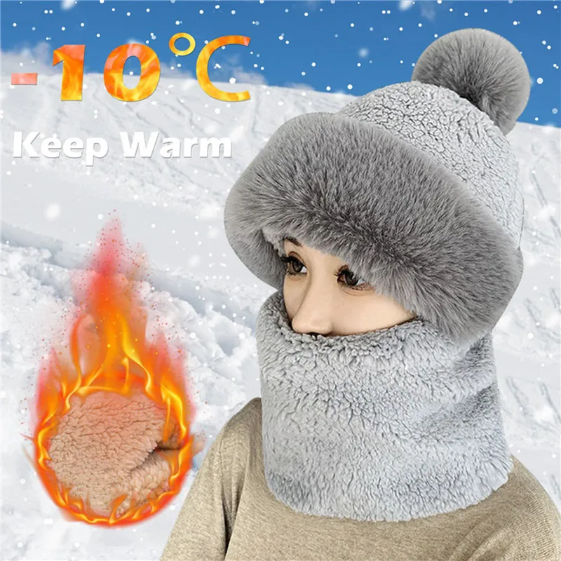 

Women Winter Scarf Set Hooded Plush Neck Warm Outdoor Ski Windproof Hat Thick Plush Fluffy Beanies Cycling Cap