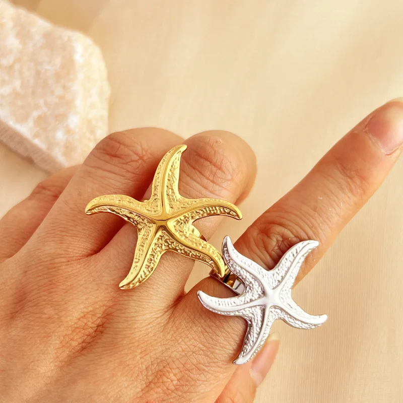 Summer Day Fashion Sandbeach Holiday Style Starfish Open Mouth Rings for Women Trendy Adjustable Jewelry Minimalist Accessorie
