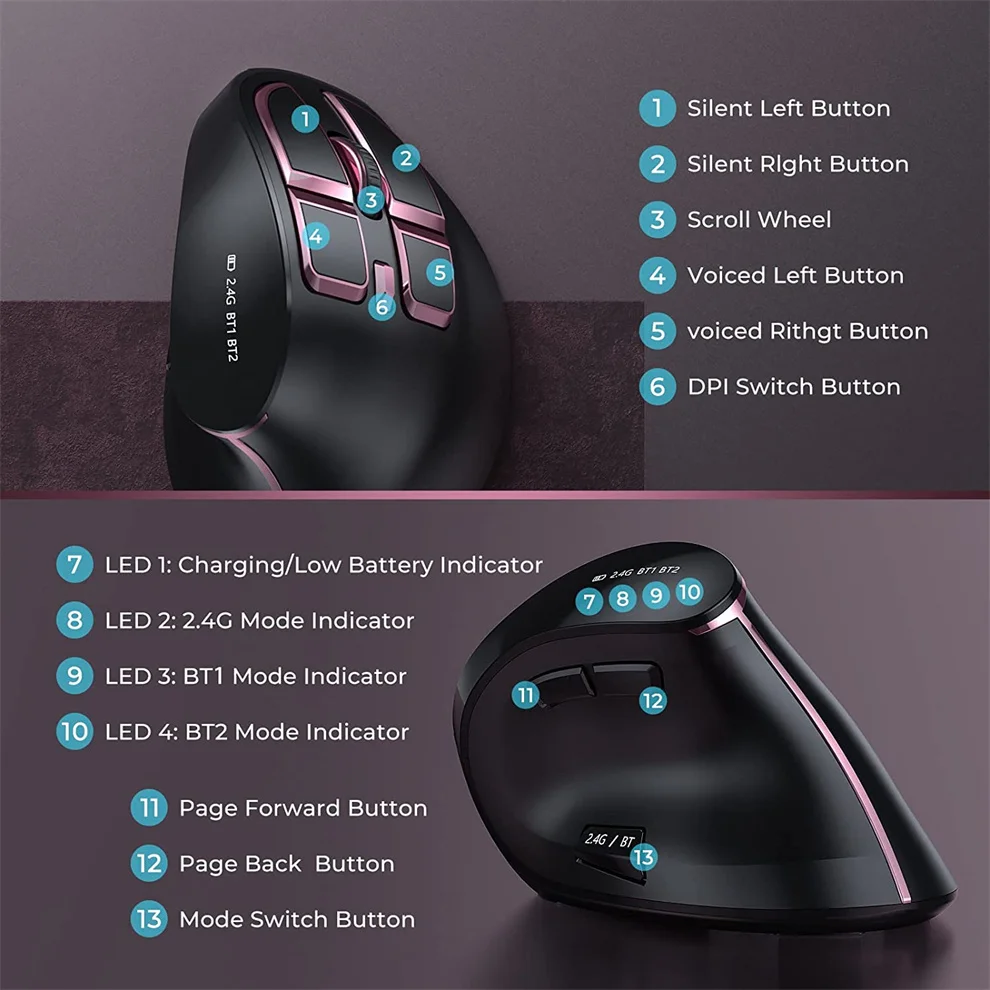 Jomaa bluetooth + 2.4g usb mouse sem fio vertical mão direita recarregável mouse para tablet portátil notebok ergonômico ratos