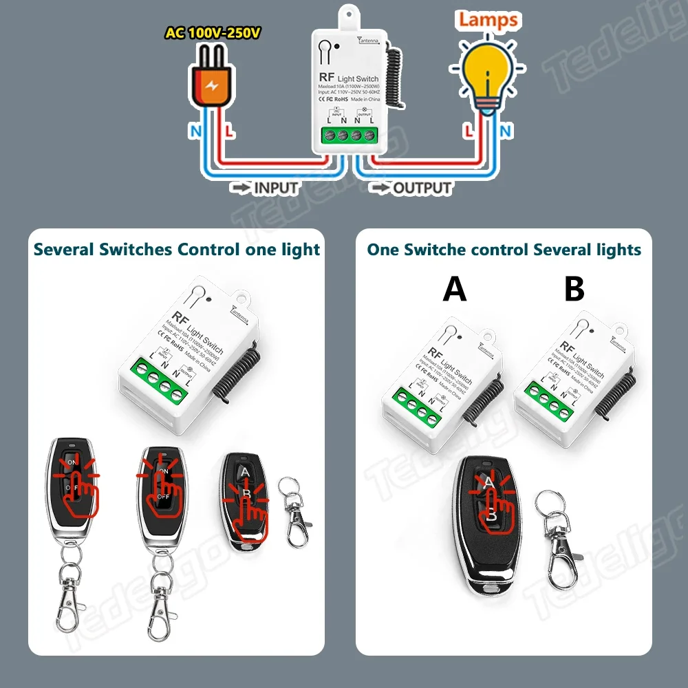 RF 433MHz 무선 RF 리모컨 스위치, LED 전구용 송신기가 있는 미니 릴레이 리시버, DIY 제어, AC 110V, 220V, 1CH