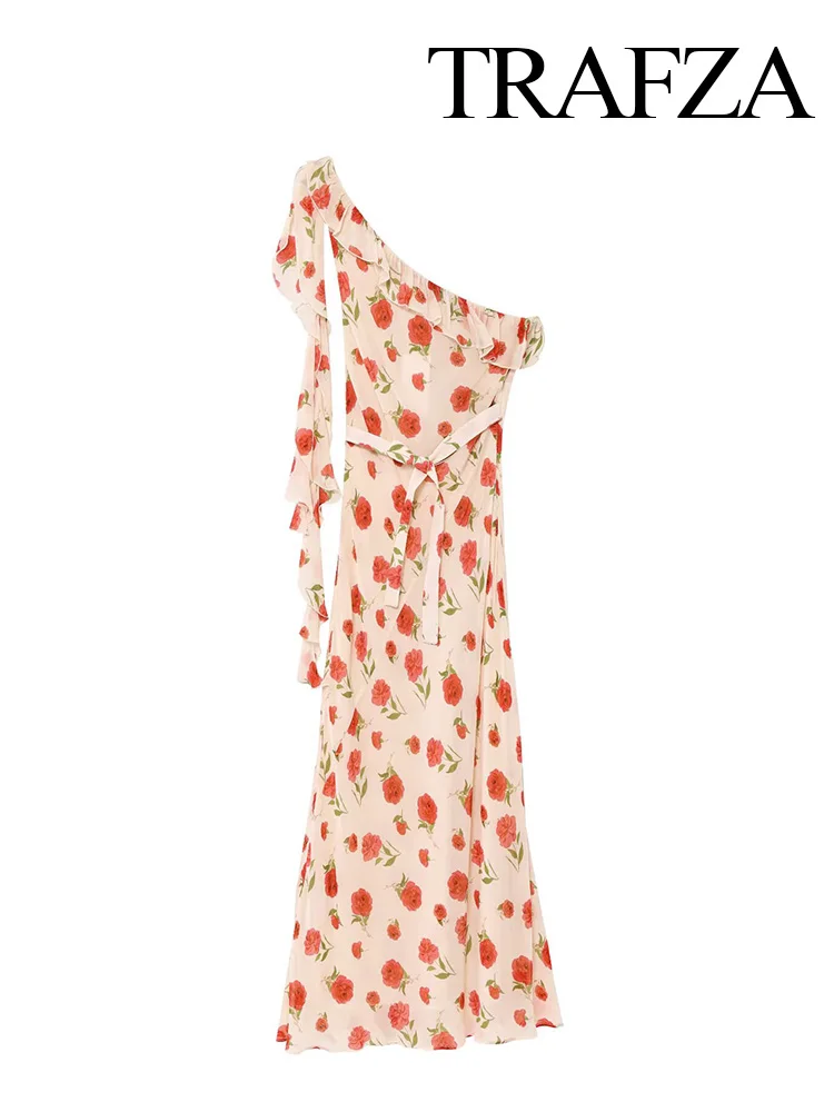 

HH Summer 2025 Women Rose Print Side Zipper Long Sleeveless Dress Female Fashion Inclined Shoulder Ribbon Temperament Dress