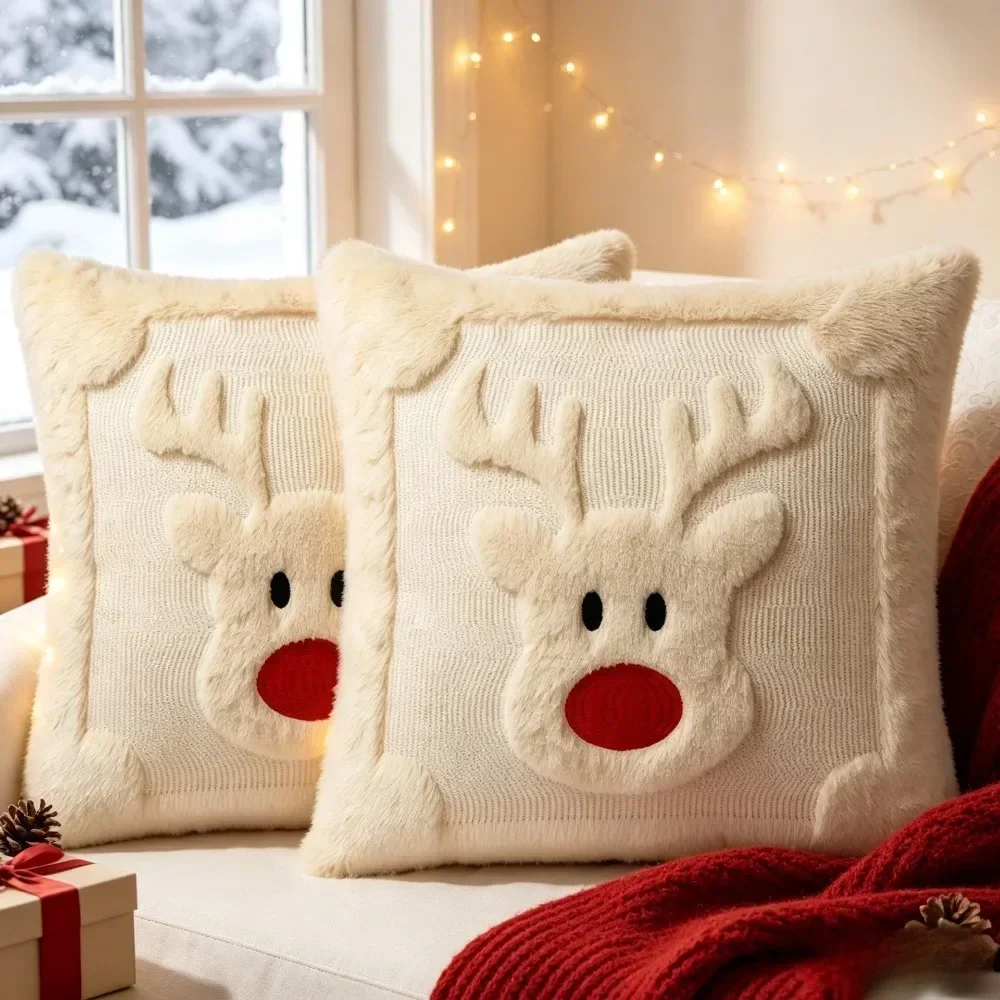 Animated Reindeer Fluffy Cushion Sleeve Soft Xmas Settee Pillow Slip Stylish Home Decor for Living Room Holiday Festive Ornament