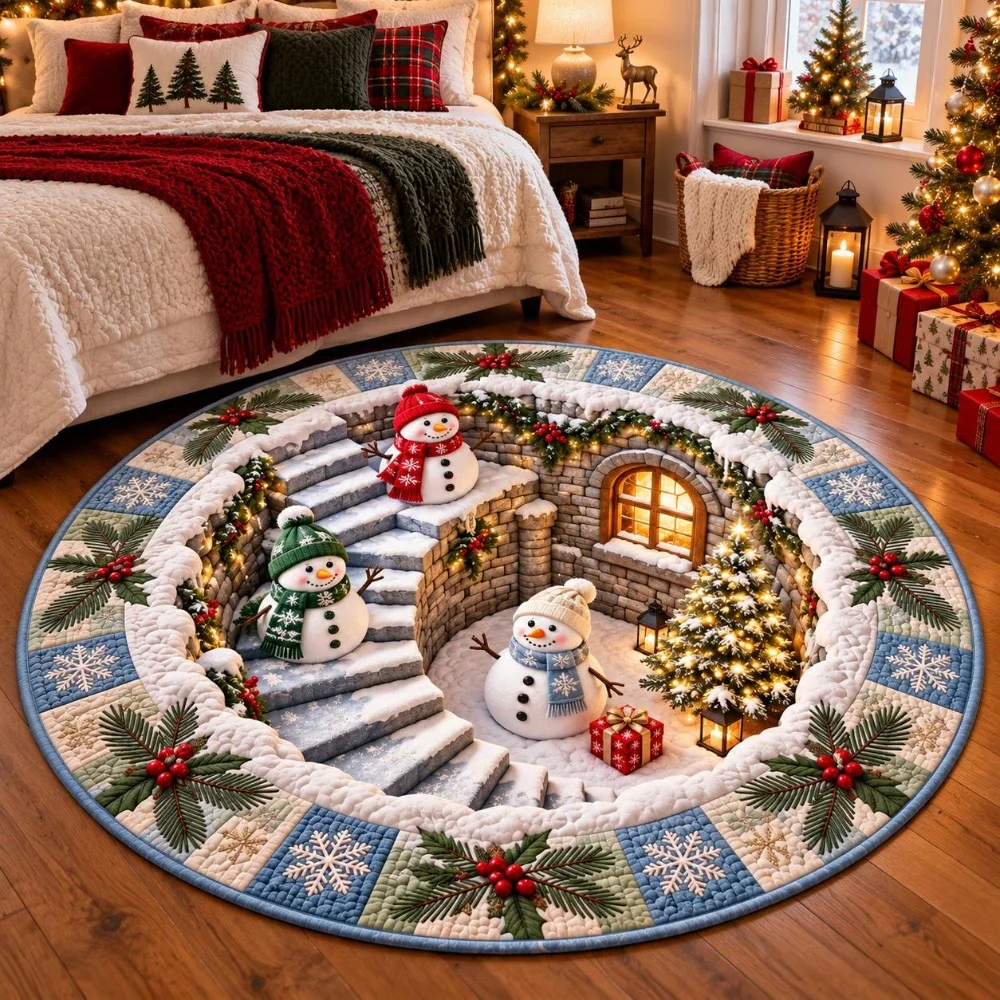 Winter Santa Claus Christmas Snowman Round Rug Brick Well Area Rug Lovely Bedroom Entryway Living Room Ground Floor Mat Present