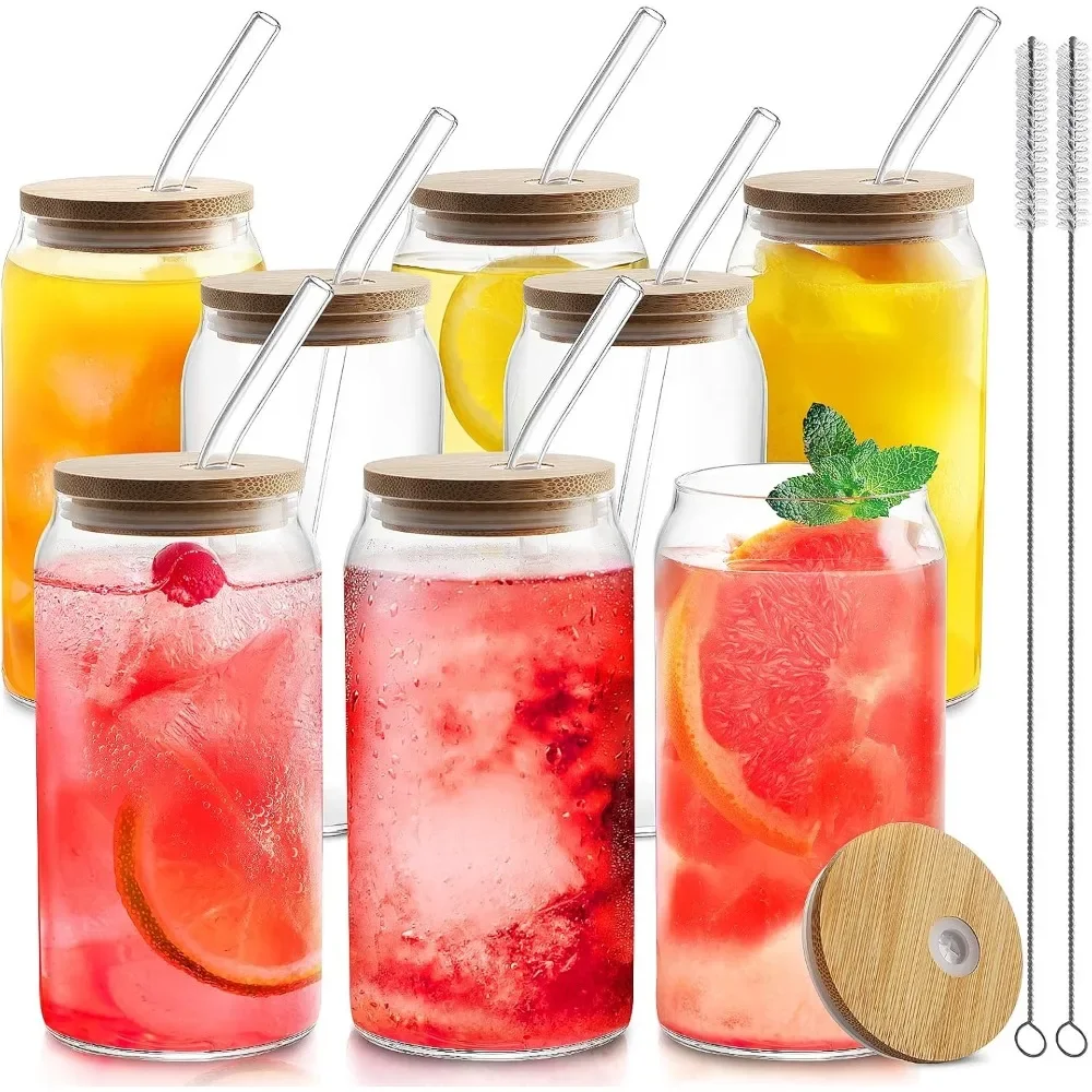 

Glass Cups with Bamboo Lids and Straws 8pcs Set, 20oz Can Shaped Cups, Iced Coffee Cups, Cute Tumbler with 2 Cleaning Brushes